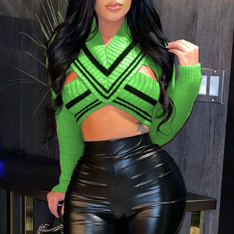 Colorblock V-Neck Long Sleeve Cut Out Knitted Crop Top