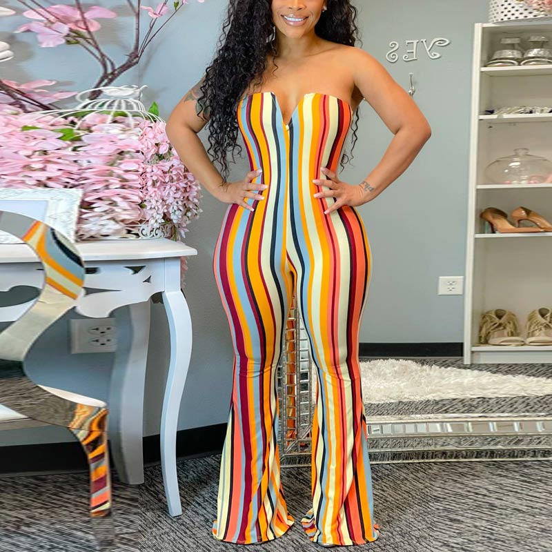 Stripe Patter Off Shoulder Bell Bottomed Jumpsuit