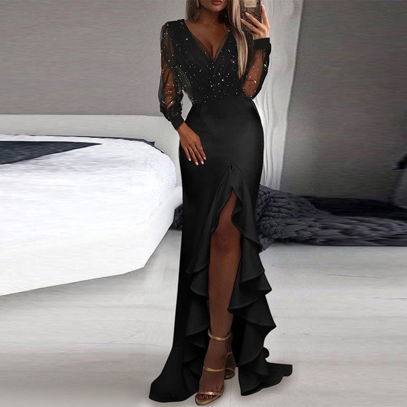 Rhinestone Sheer Mesh Patchwork Ruffle Design High Slit Dress