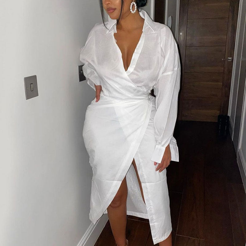 Solid V-Neck Long Sleeve Bandage Slit Shirt Dress