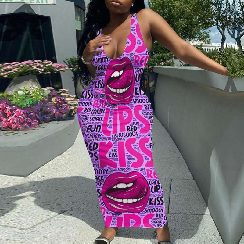 Lips Print Deep V-Neck Sleeveless Maxi Dress