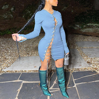 Solid Lace Up Long Sleeve Bodycon Dress