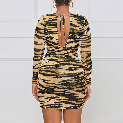 Print Deep V-Neck Long Sleeve Bodycon Dress