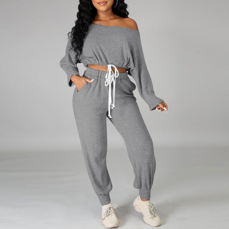 Solid One Shoulder Drawstring Crop Top & Pants Set