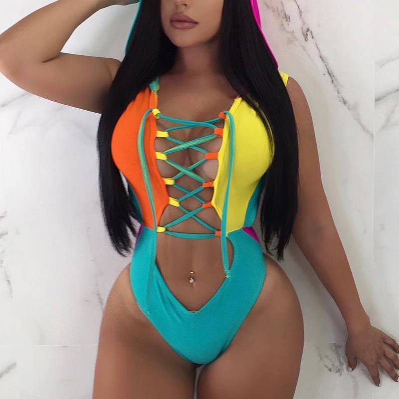 Colorblock Bandage Hollow Out Hoodie One Piece Swimsuit