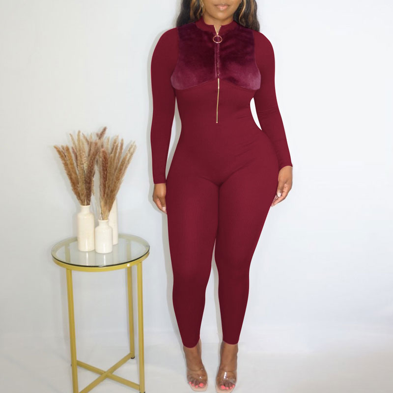 Velvet Patchwork Long Sleeve Zipper Design Jumpsuit