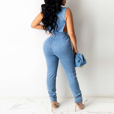 Solid Button Detailed Deep V-neck Cut Out Denim Jumpsuit