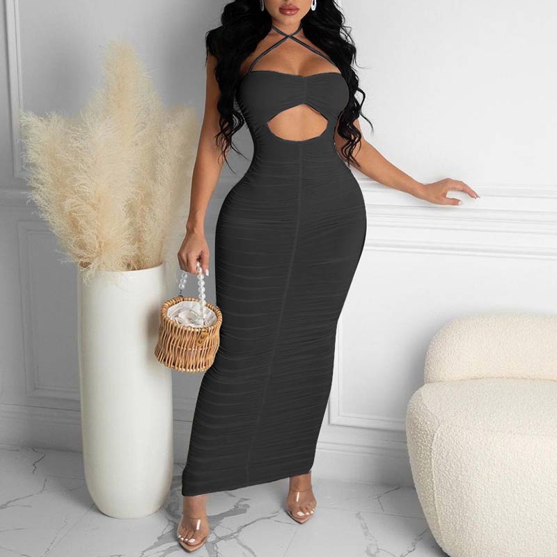 Solid Halter Sleeveless Cut Out Ruched Maxi Dress