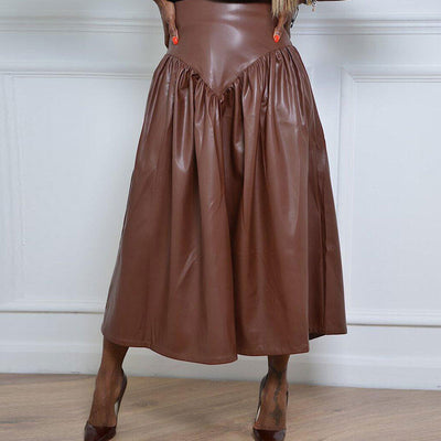 Solid High Waist Ruched PU Leather Skirt