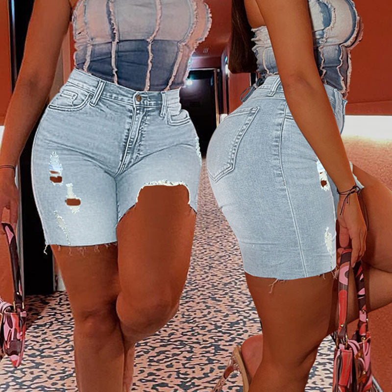 Solid High Waist Cut Out Irregular Denim Shorts