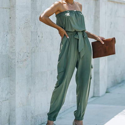 Solid Off Shoulder Belted Jumpsuit