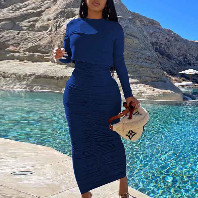 Solid Long Sleeve Ruched Dress Set