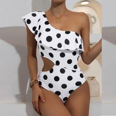 Polka Dot Print One Shoulder Cut Out One Piece Swimsuit