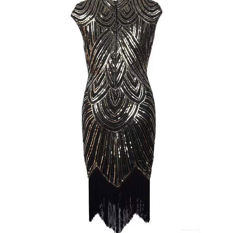 Sequins V-Neck Sleeveless Tassel Design Vintage Dress