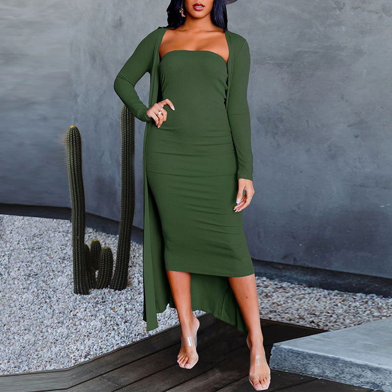 Solid Bandeau Midi Dress & Cover Coat Set