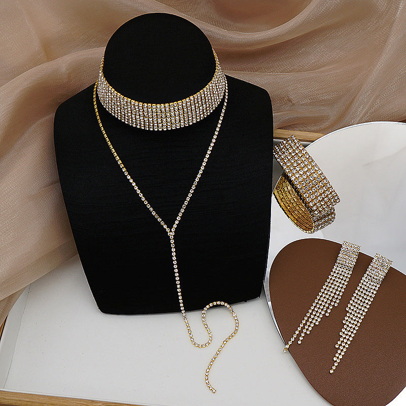 Rhinestone Tassel Design Necklace & Earrings & Bracelet Set