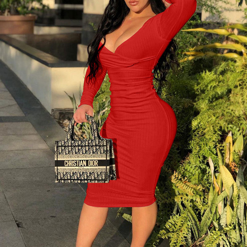 Solid Off Shoulder Long Sleeve Bodycon Dress