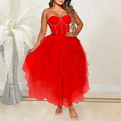 Rhinestone Off Shoulder Sheer Mesh Tulle Dress