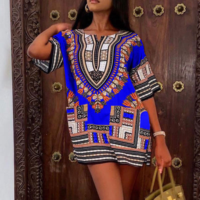 Print Round Neck Long Sleeve Mini Dress