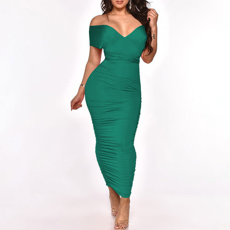 Solid V-Neck Off Shoulder Sleeveless Midi Dress