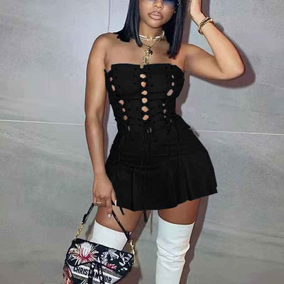 Solid Off Shoulder Lace Up Mini Dress