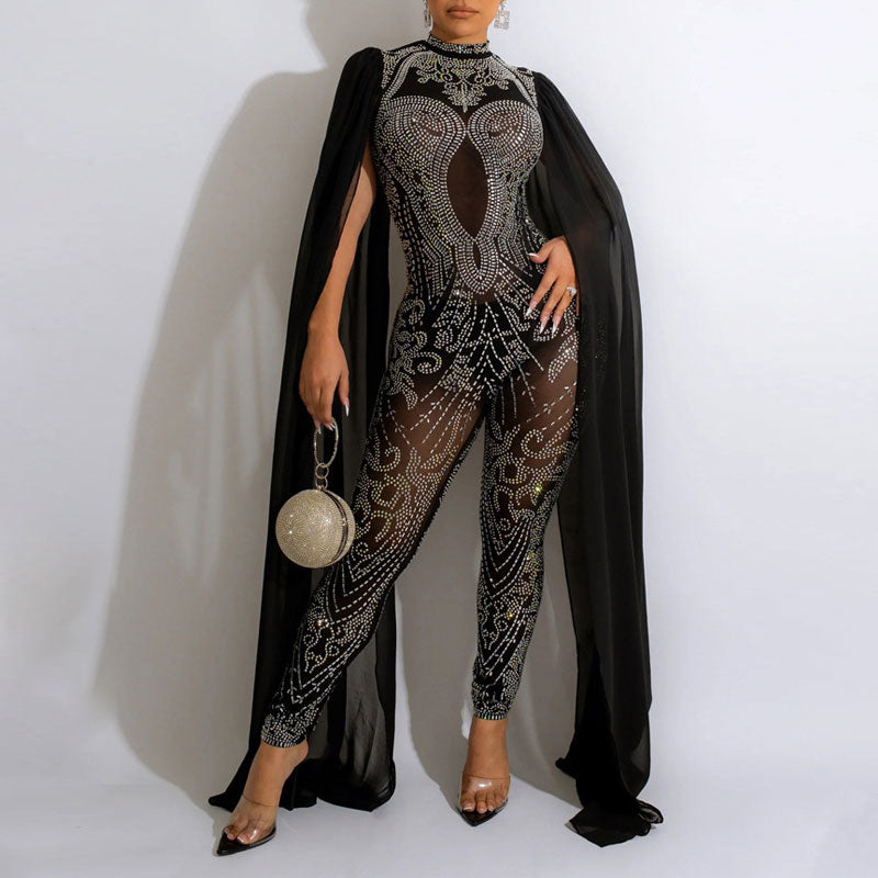 Rhinestone Cape Sleeve Sheer Mesh Jumpsuit