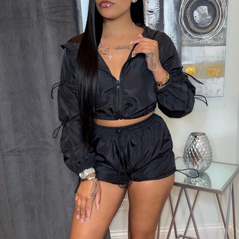 Solid Long Sleeve Hoodie Top & Shorts Set