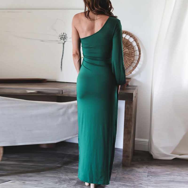 Solid One Shoulder Long Sleeve High Slit Maxi Dress