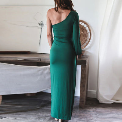 Solid One Shoulder Long Sleeve High Slit Maxi Dress