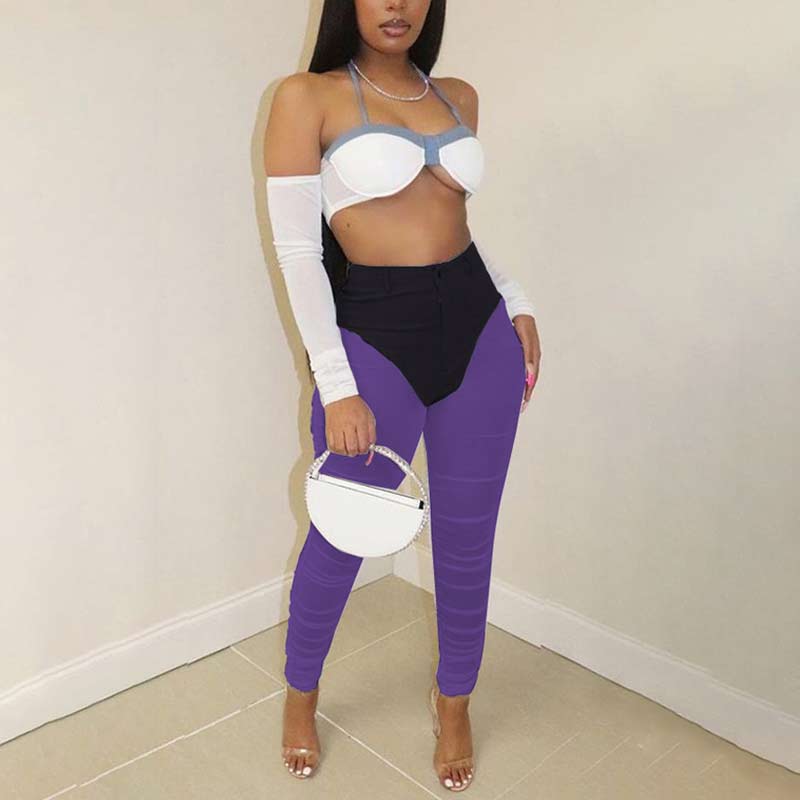 Colorblock High Waist Sheer Mesh Patchwork Pants