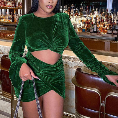 Velvet Long Sleeve Cut Out Ruched Bodycon Dress