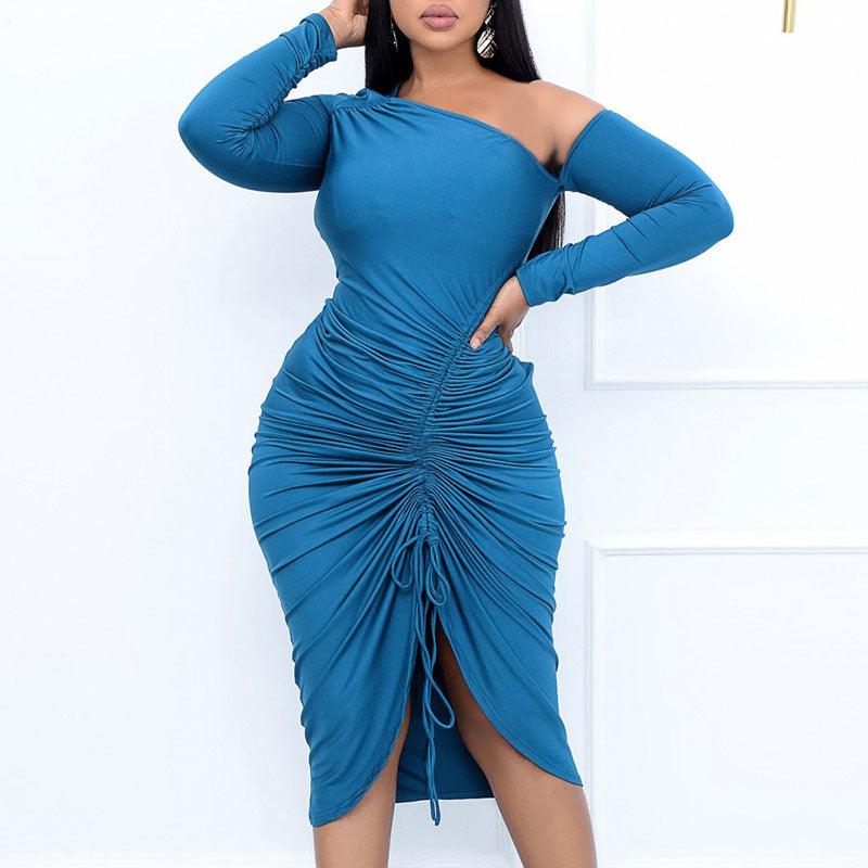 Solid One Shoulder Long Sleeve Drawstring Dress