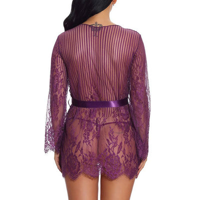 Solid V-Neck Long Sleeve Lace Nightdress