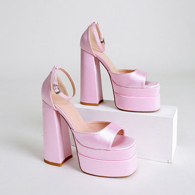 Satin Strap Peep Toe Chunky Heeled Sandals