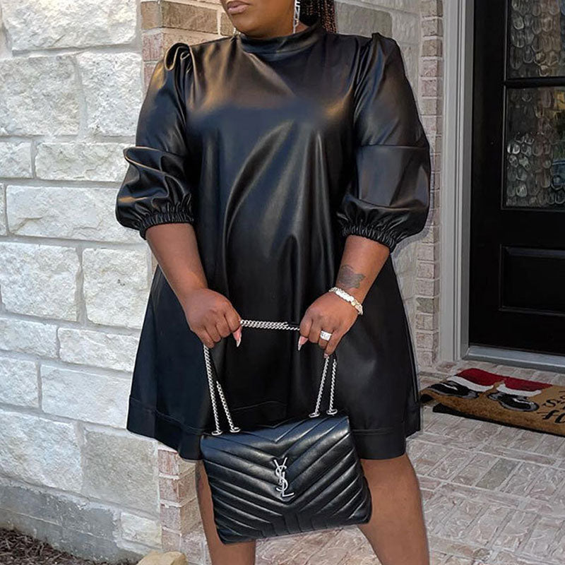 Solid Long Sleeve Faux Leather Plus Size Dress