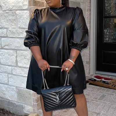 Solid Long Sleeve Faux Leather Plus Size Dress