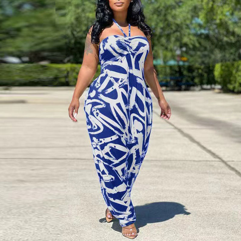 Print Halter Pocket Design Loose Jumpsuit