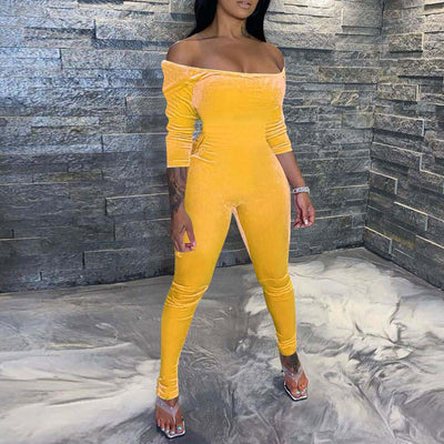 Solid Off Shoulder Long Sleeve Skinny Jumpsuit