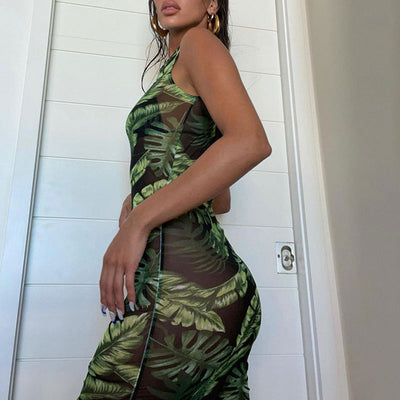 Leaf Pattern Sleeveless Sheer Mesh Bodycon Dress