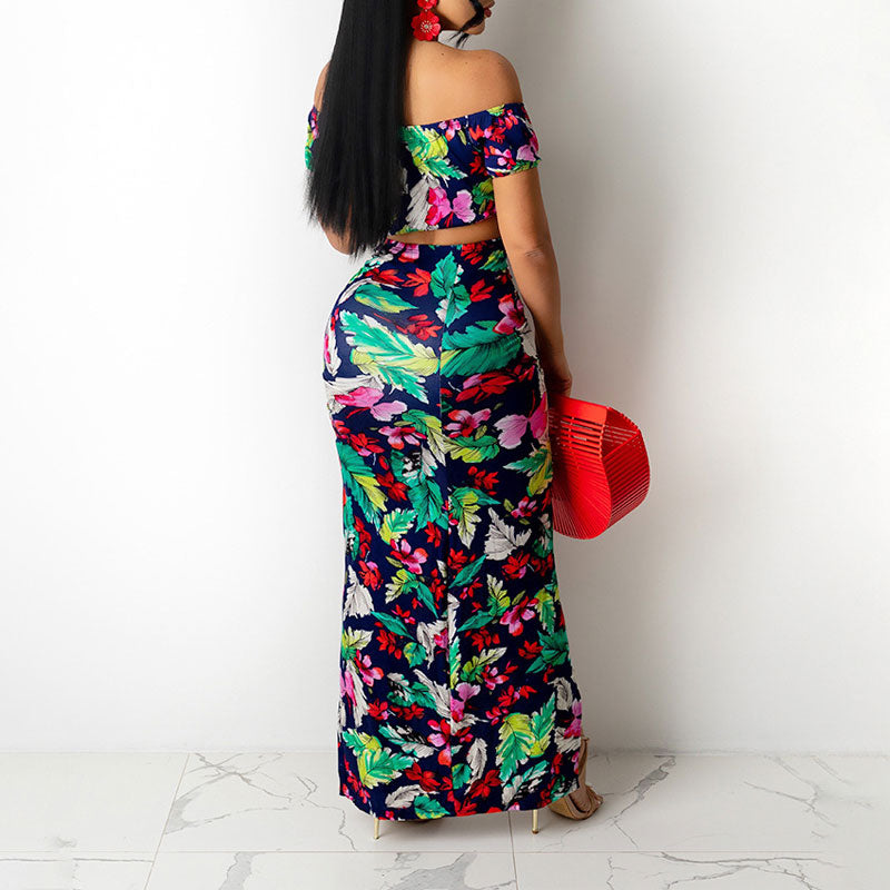 Print Off Shoulder Tube Top & High Slit Skirt Set