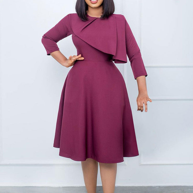 Solid Long Sleeve Ruffle Design Big Swing Midi Dress