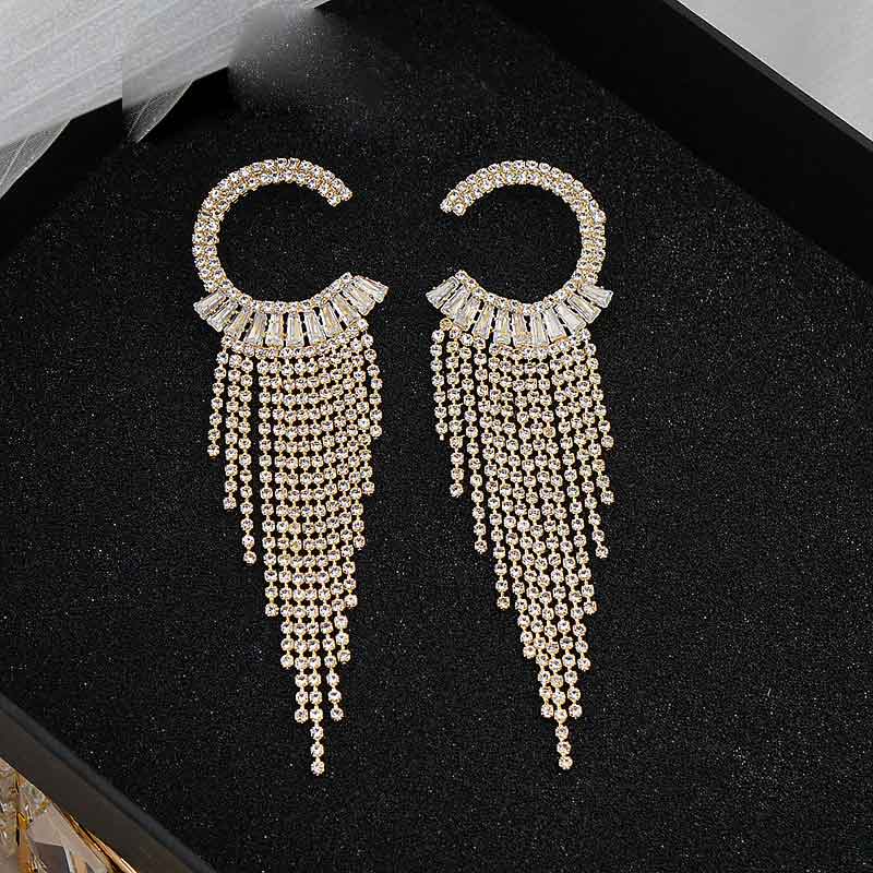 Rhinestone Tassel Design Earrings