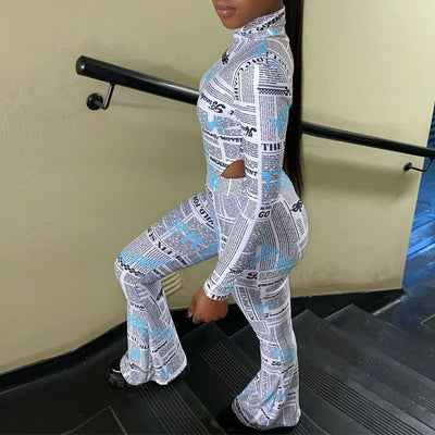 Newspaper Print Long Sleeve Crop Top & Bell Bottomed Pants Set