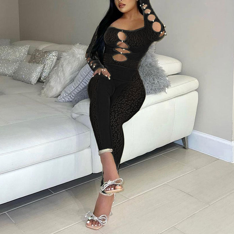 Solid Off Shoulder Long Sleeve Hollow Out Mesh Jumpsuit