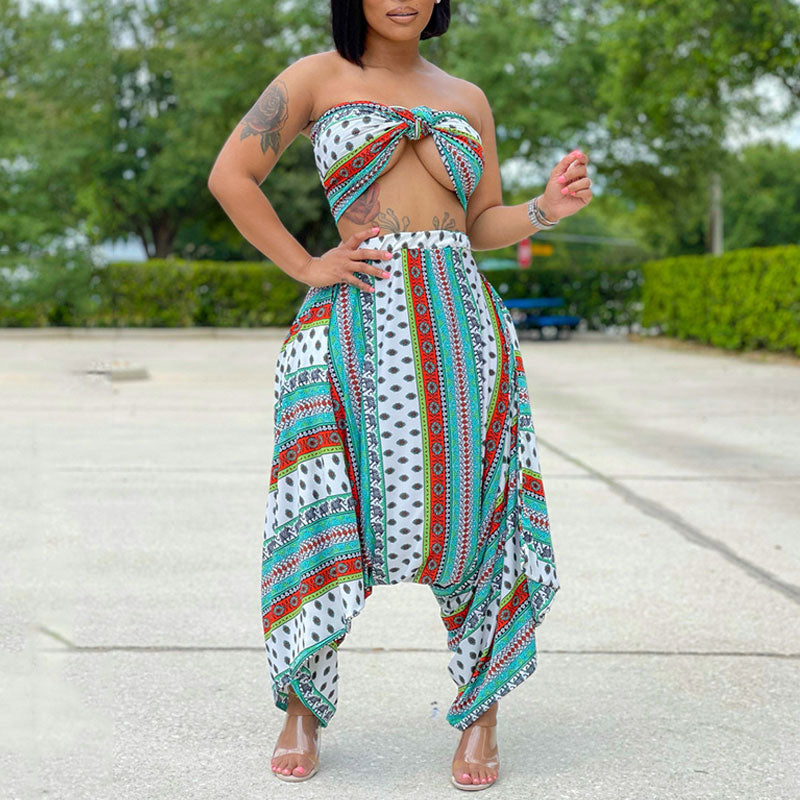 Print Sleeveless Tube Top & Drop Crotch Pants Set