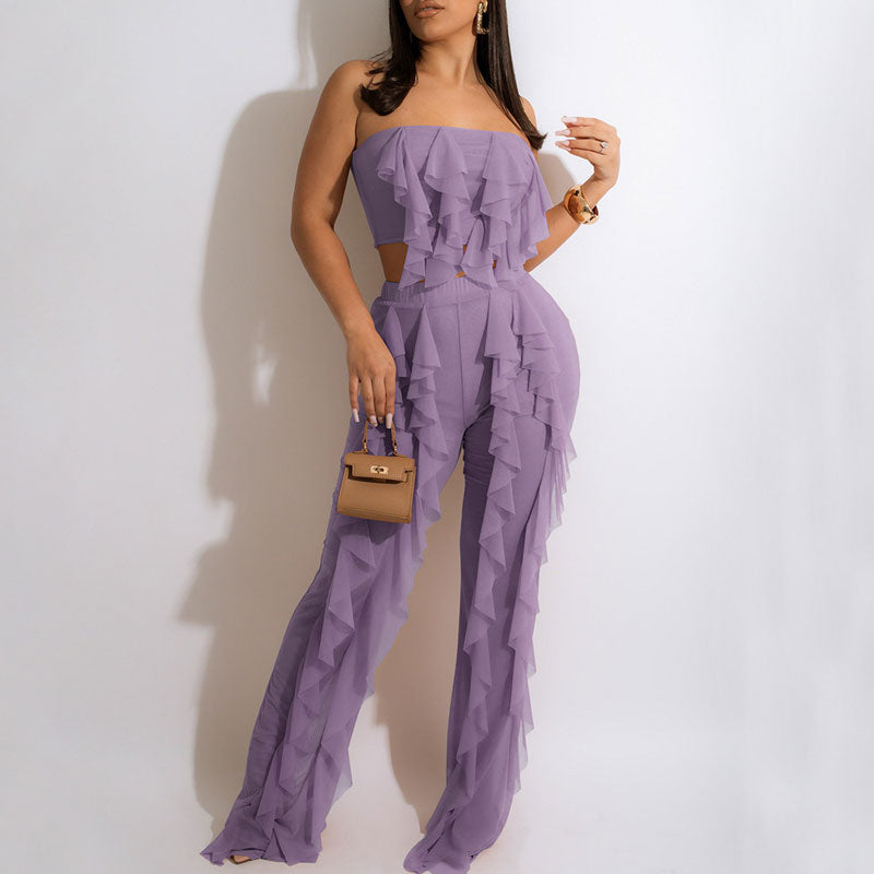 Solid Ruffle Design Off Shoulder Tube Top & Pants Set