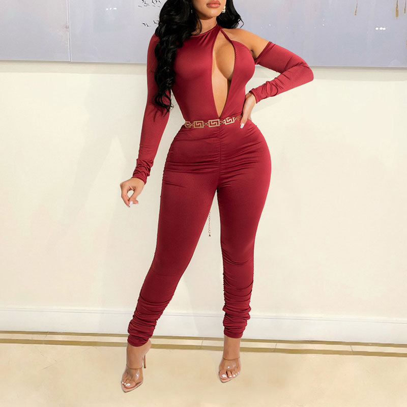 Solid Long Sleeve Cut Out Skinny Jumpsuit