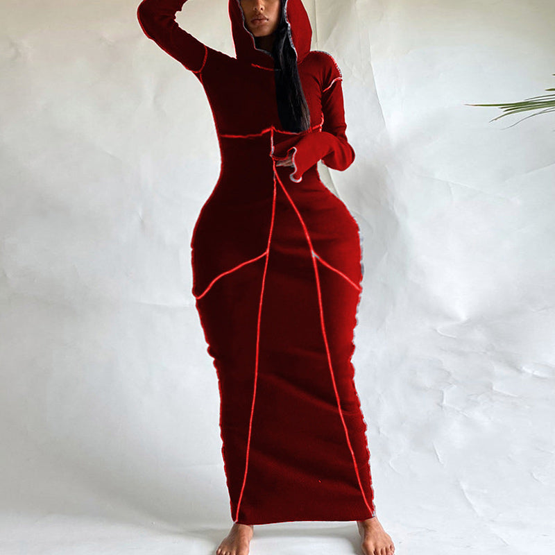 Solid Patchwork Long Sleeve Hooded Bodycon Slim Maxi Dress