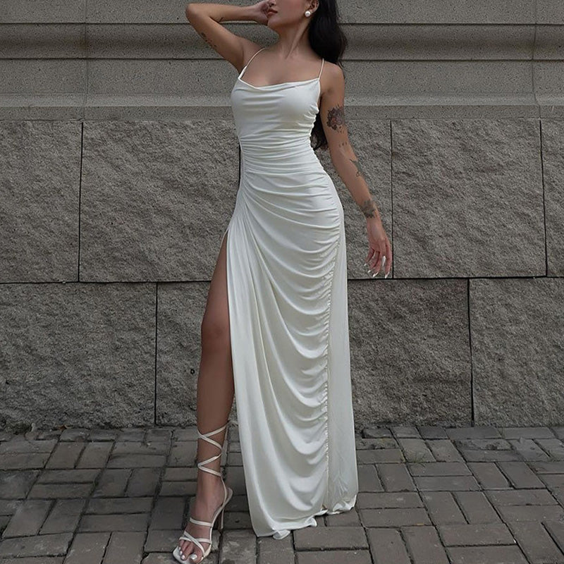 Solid High Slit Ruched Spaghetti StraP Maxi Dress