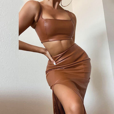 Solid PU Leather Tube Top & Slit Skirt Set